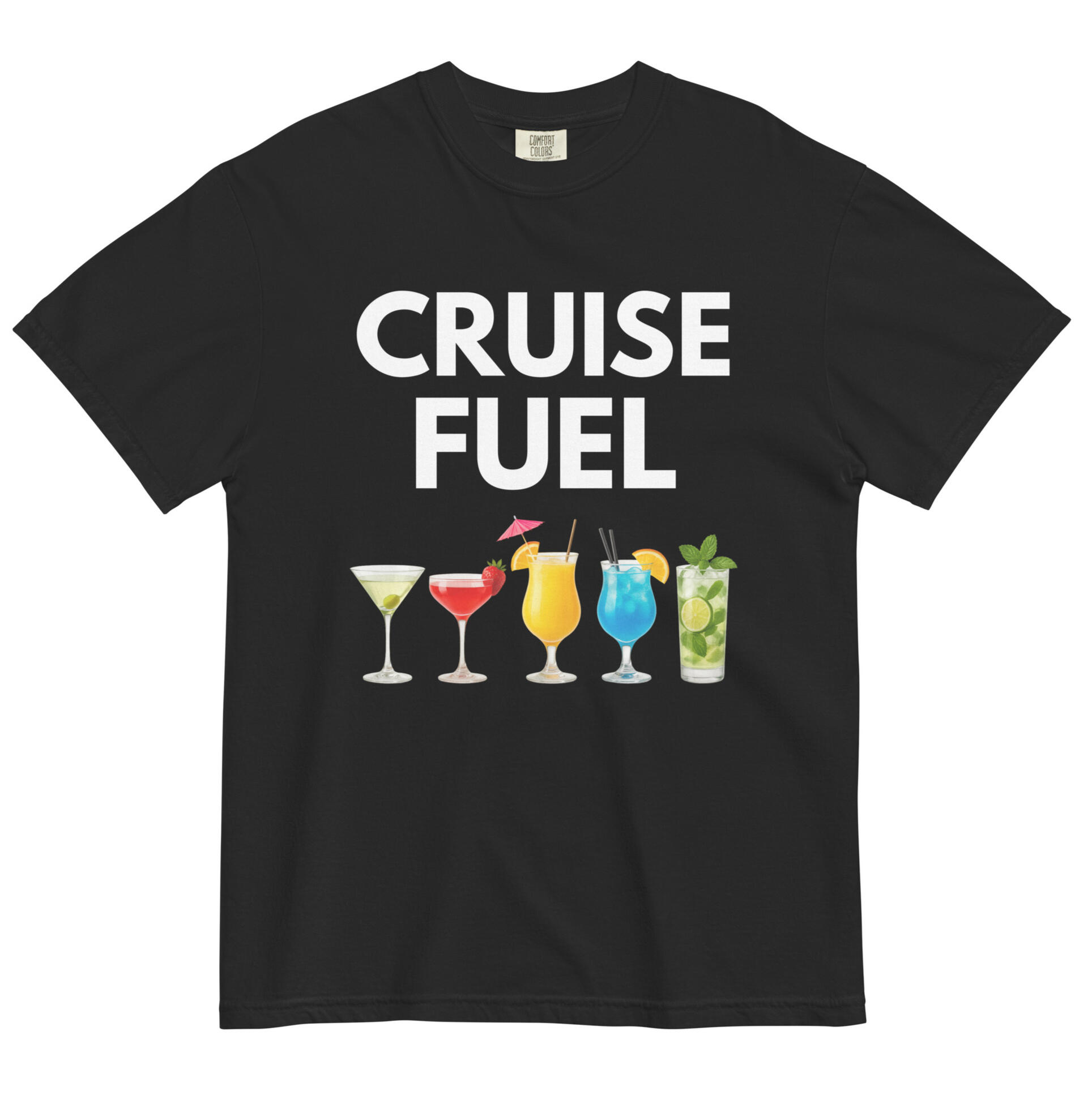 CRUISE FUEL ORIGINAL NAVY TEE Navy cruise T-shirt with Cruise Fuel cocktail slogan and colourful drinks design