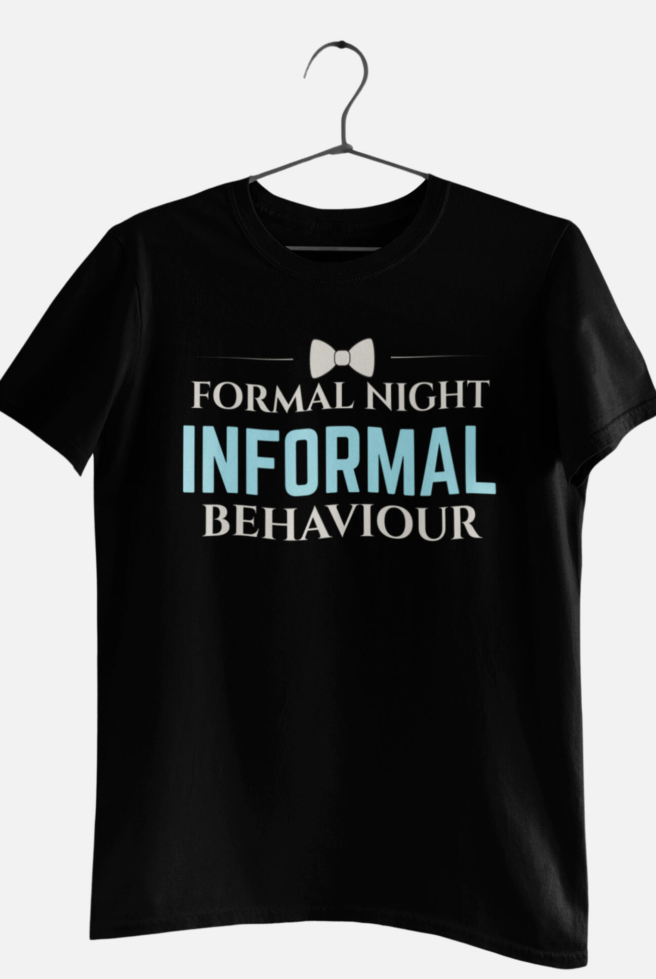 FORMAL NIGHT INFORMAL BEHAVIOUR CRUISE TEE Black cruise T-shirt with Formal Night Informal Behaviour slogan and bow tie design