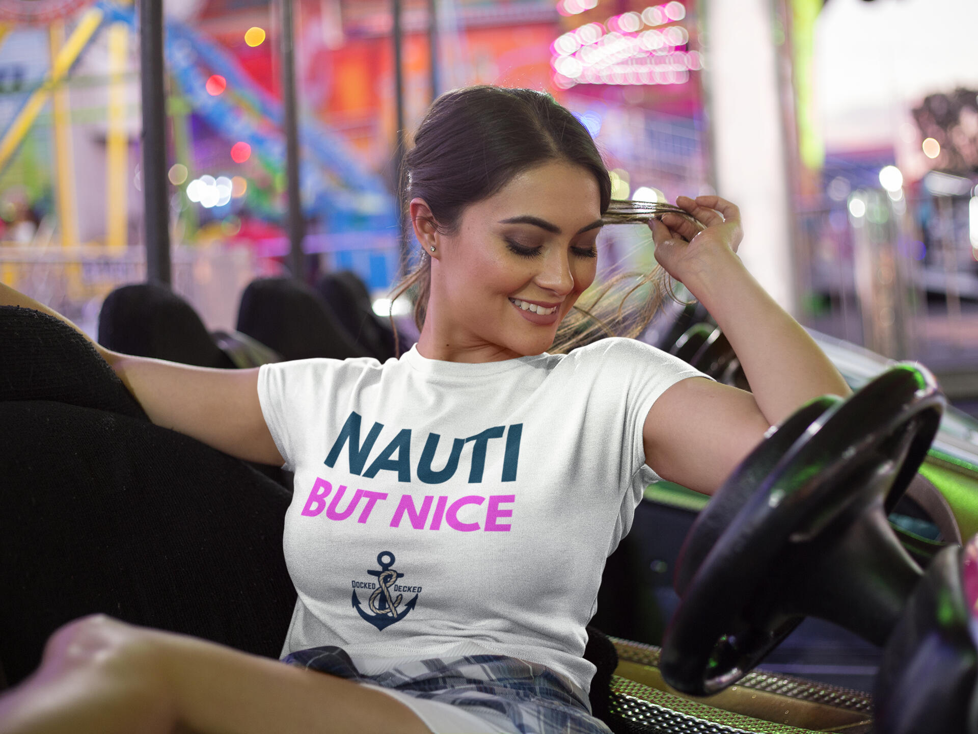 NAUTI BUT NICE White Original Cruise Tee Woman wearing a white Nauti But Nice cruise T-shirt with nautical anchor design