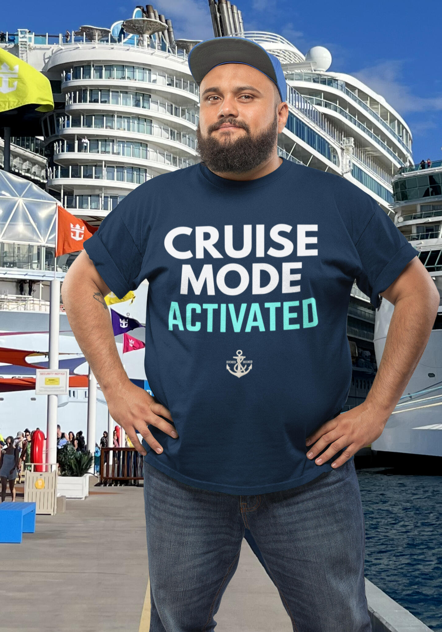 Cruise Mode Activated Navy Premium T Shirt Man wearing Cruise Mode Activated Navy tee at Cruise Port