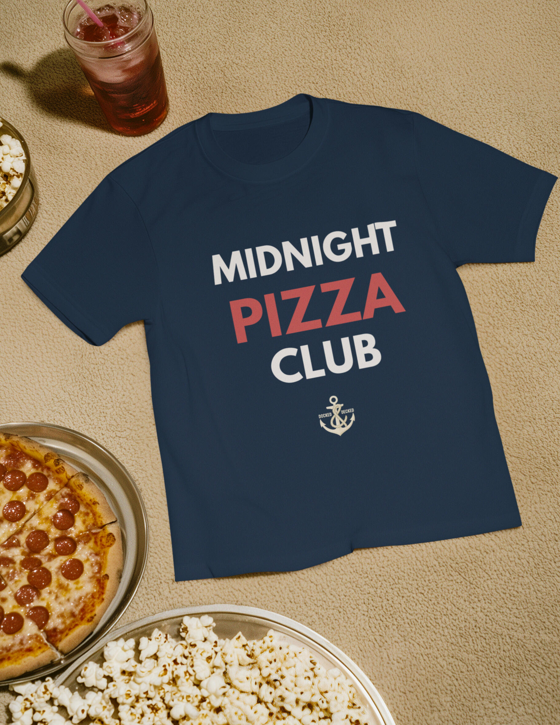 Midnight Pizza Club Cruise T-Shirt Navy cruise T-shirt with Midnight Pizza Club design displayed with pizza and drinks